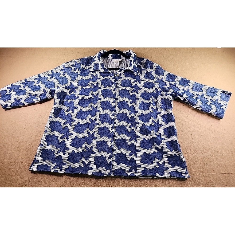 Alfred Dunner Woman 1X Blue Floral Mesh Button Front Shirt 3/4 Sleeve Textured
